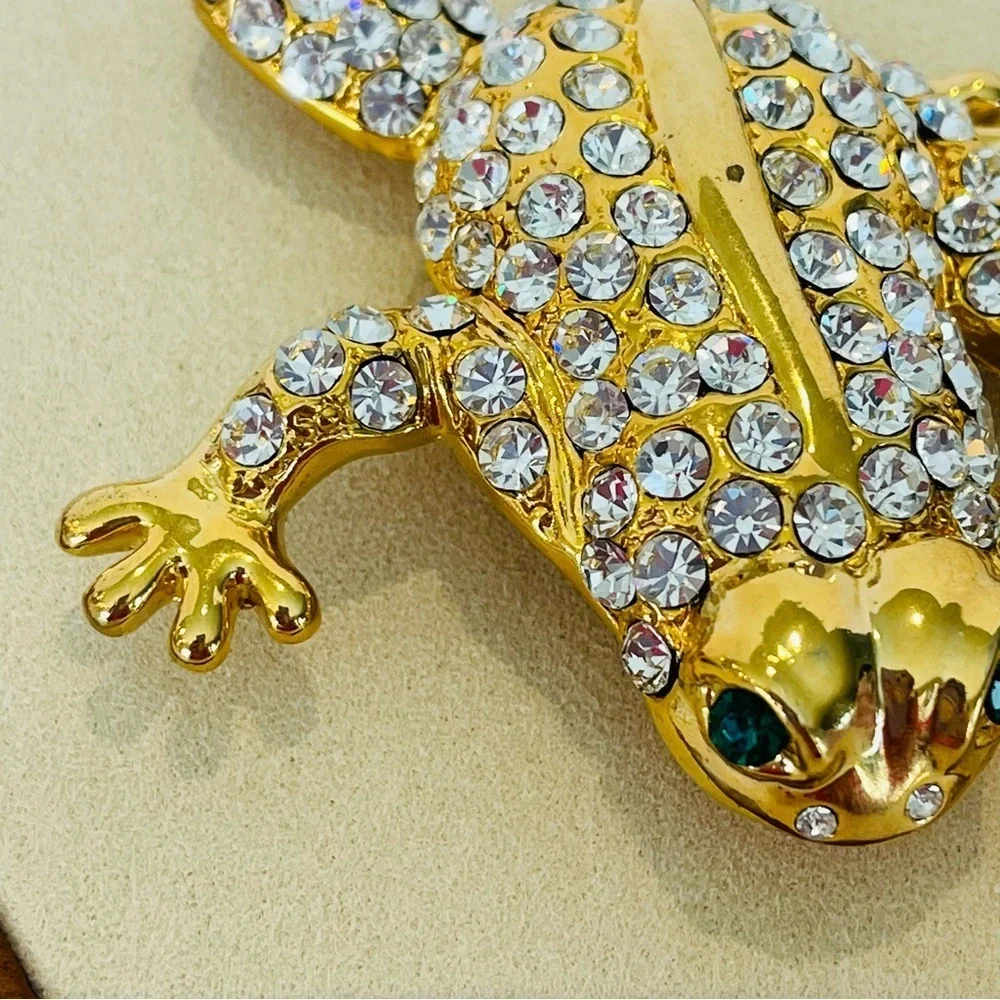 Gold and Crystal Leaping Frog With Emerald Green Eyes Brooch